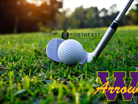 Golf ball and iron on green grass at sunset, with Northeast Radio SD and W Arrows logos.