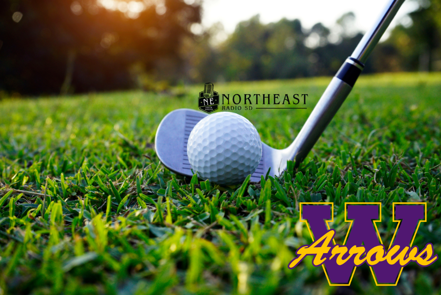 Golf ball and iron on green grass at sunset, with Northeast Radio SD and W Arrows logos.