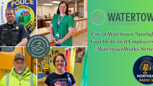 Four Watertown employees are highlighted. Background includes police badge, office, colorful decor. Text: City of Watertown, #WatertownWorks.