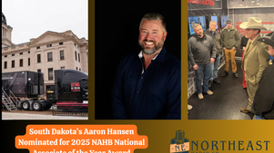 Aaron Hansen smiles against a black background. Left: Truck outside beige building. Right: Group discussion indoors. Text: Award nomination details.
