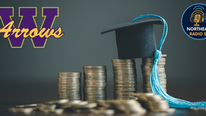 Stacks of coins topped with a graduation cap, a purple "W Arrows" logo, and a "Northeast Radio SD" emblem on a gray background.