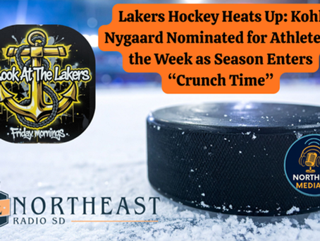 Hockey puck on ice with text: "Lakers Hockey Heats Up: Kohl Nygaard Nominated for Athlete of the Week." Logos for Northeast Media and Lakers.