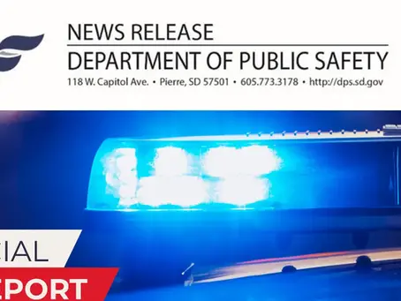 Blue police lights with "Special Report" text overlay. South Dakota Department of Public Safety seal and contact info visible above.