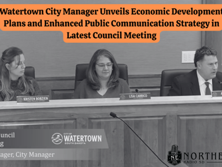 Three people sit at a council meeting. The city manager speaks, unveiling plans. Text highlights the meeting's focus on economic development.