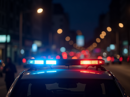 Police car with flashing red and blue lights on a busy city street at night. Blurred bokeh of streetlights and vehicles in the background.