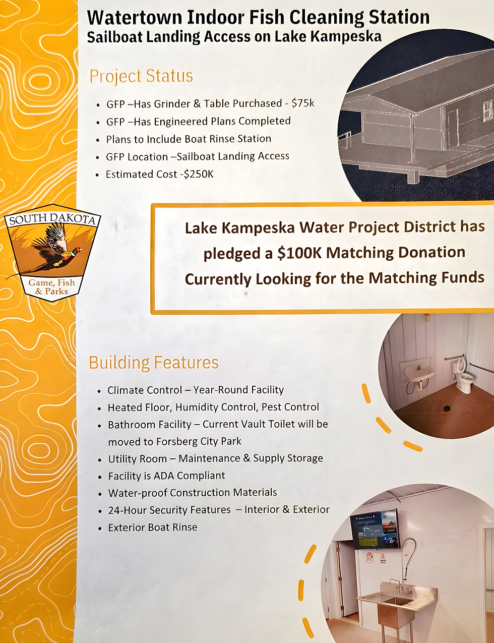 Poster for Watertown Indoor Fish Cleaning Station at Lake Kampeska, listing project status, features, and a $100K matching donation.