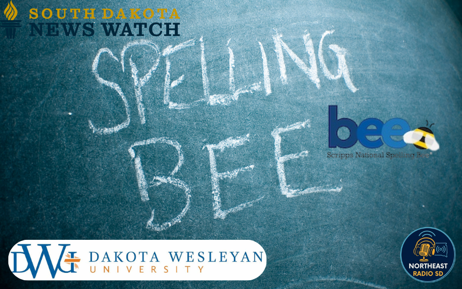 Chalkboard with "Spelling Bee" written in white. Logos of South Dakota News Watch, Scripps Bee, Dakota Wesleyan University, and Northeast Radio.