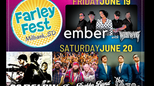 Farley Fest poster for June 19-20 in Milbank, SD, featuring bands Ember, 32 Below, Dan Brekke Band, and The 1270s against a colorful backdrop.