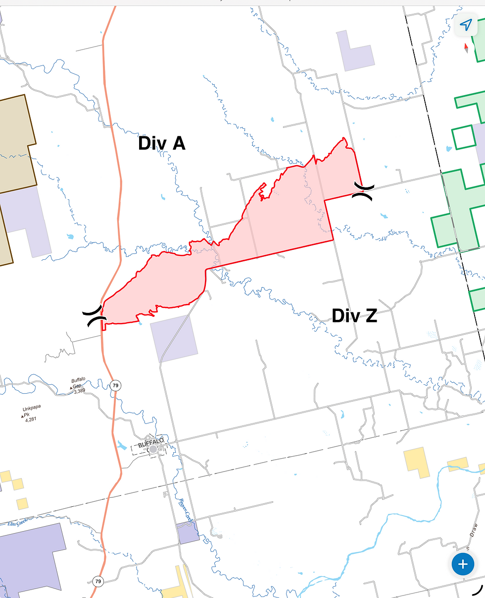 Map showing a red-outlined area labeled Div A and Div Z. A highway marked 79 runs through. Various colored blocks are scattered around.