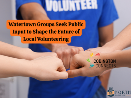 Four people fist-bumping, wearing blue shirts. Text on image reads "Watertown Groups Seek Public Input to Shape Local Volunteering." Codington Connects logo visible.