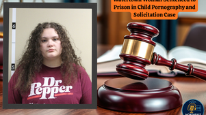 Photograph of a woman in a "Dr Pepper" shirt. A gavel and an open book are in the background. Text: "Watertown Woman Sentenced to Prison."
