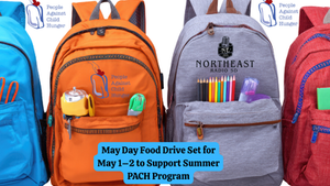 Four colorful backpacks with supplies; logos for "People Against Child Hunger." Text reads: "May Day Food Drive May 1–2 for PACH Program."