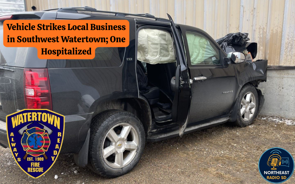 Black SUV with airbags deployed crashes into a building. Text reads: Vehicle Strikes Local Business in Southwest Watertown; One Hospitalized. Watertown badge visible.