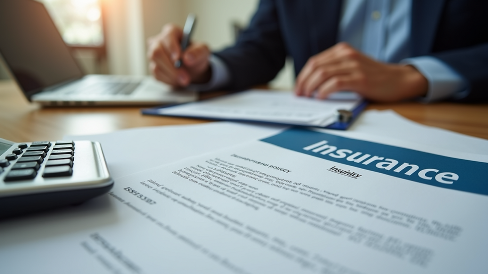 Eye-level view of a desk with insurance policy documents and a calculator