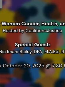 Dr. Nia Bailey speaking at the Coalition4Justice 2025 Women’s Cancer, Health, and Wellness event, addressing community members about preventive care, early detection, and holistic wellness for women’s health empowerment.