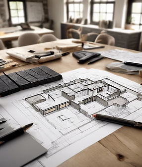 Create an image depicting a pre-construction consultation for a custom home. Show detailed