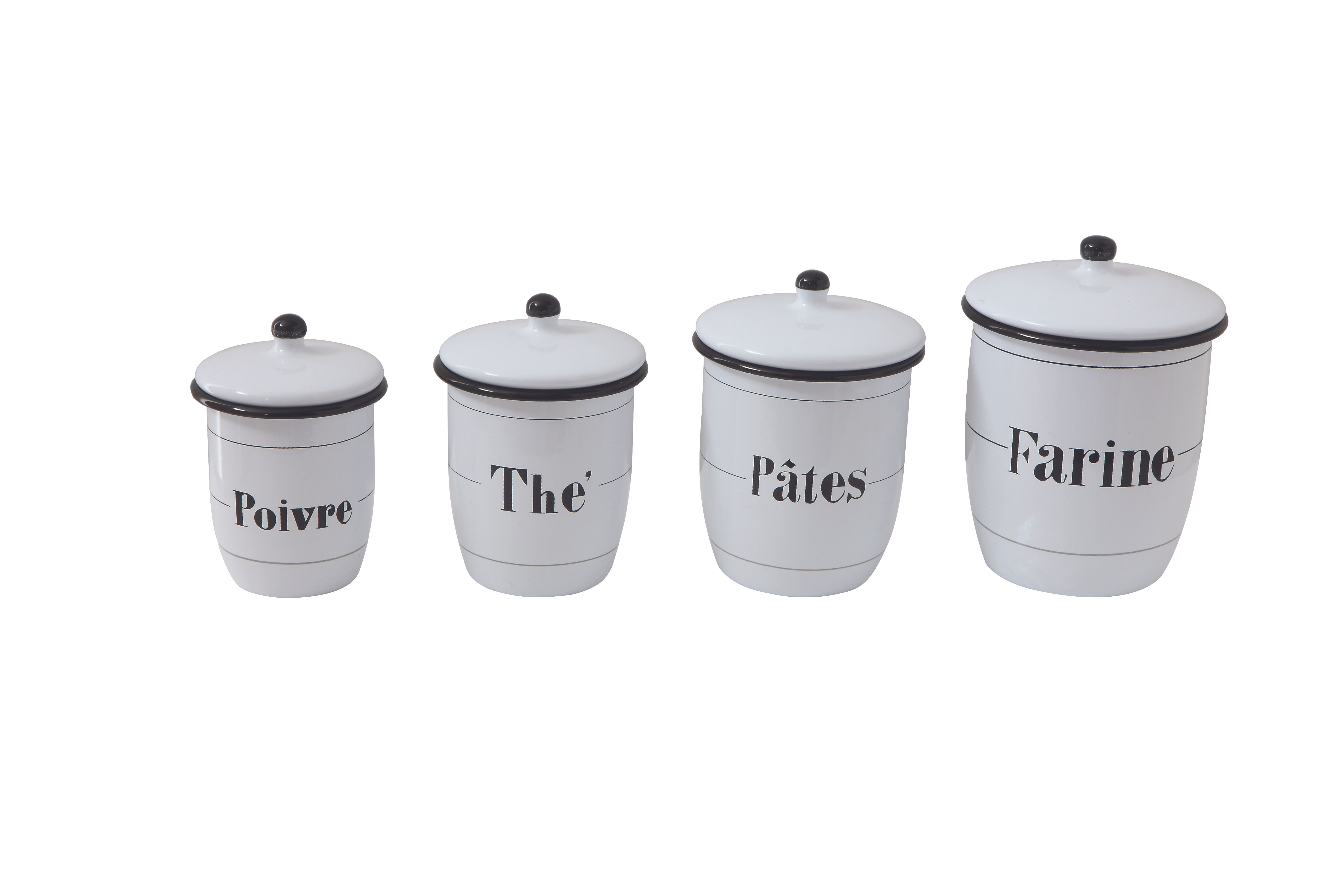 Enameled White Canisters with French Writing & Black Rims (Set of 4 Sizes)
