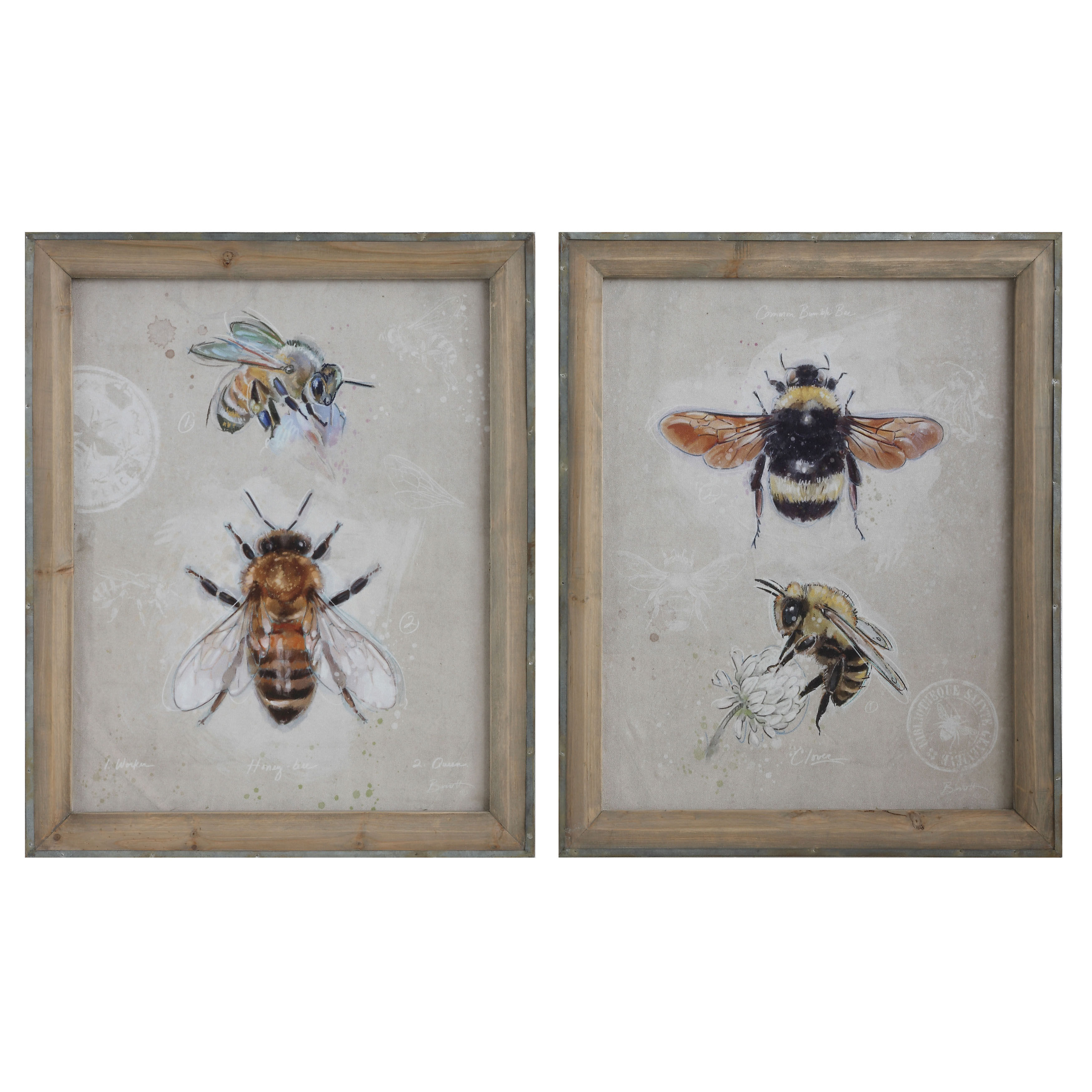 Wood Framed Canvas Wall Art with Bee Images (Set of 2 Designs)