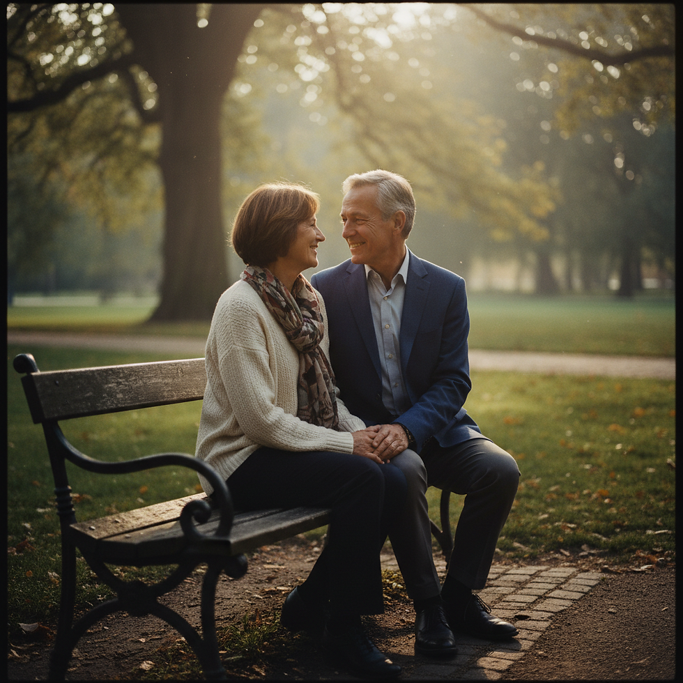 A mature couple sitting together outdoors, holding hands and smiling warmly in golden afternoon light