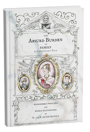 Watercolor and ink cover illustration of Gastrells and faeries for the Absurd Burden of Family by H&S Alvaurence.