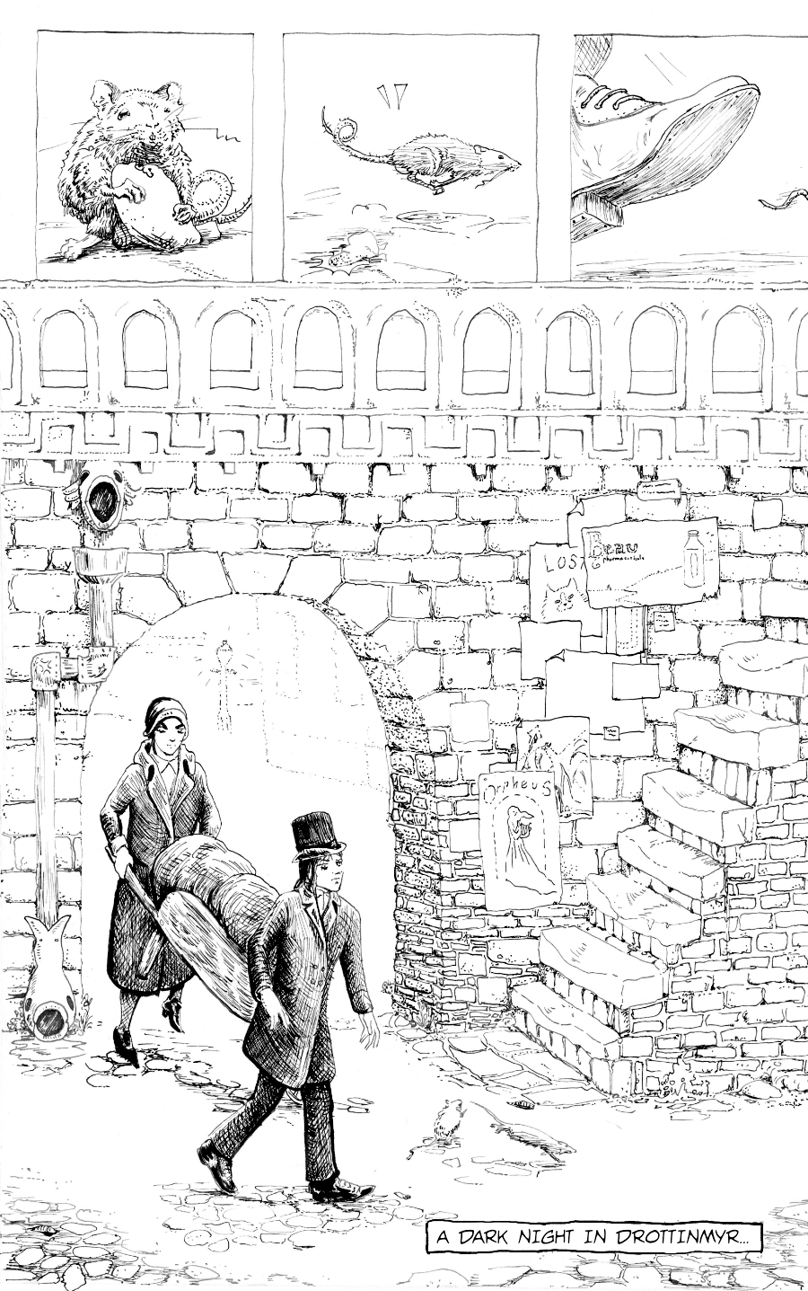 A rat scurries off and two shady individuals pass under a Drottinmyr archway, pushing a wheelbarrow.