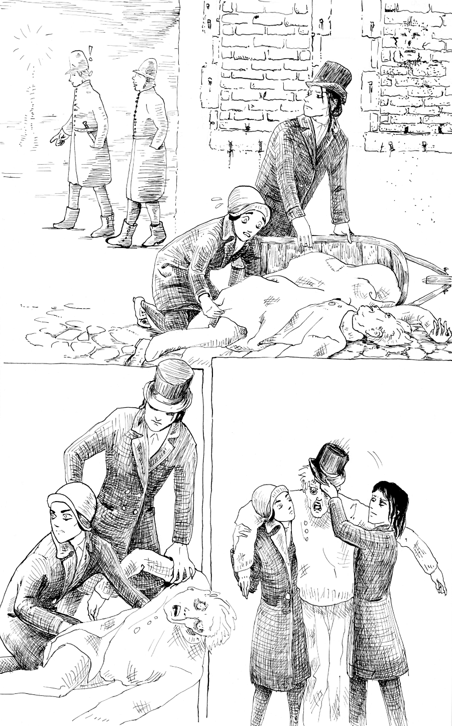 Two police officers are the source of the noise. The partners quickly scurry to place a hat on the dead man and prop him up as if alive.