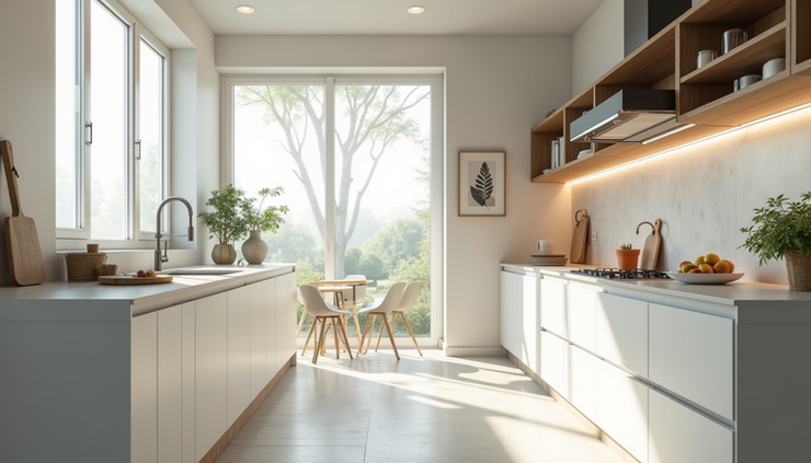 Eye-level view of a modern kitchen with sleek countertops and stylish cabinetry