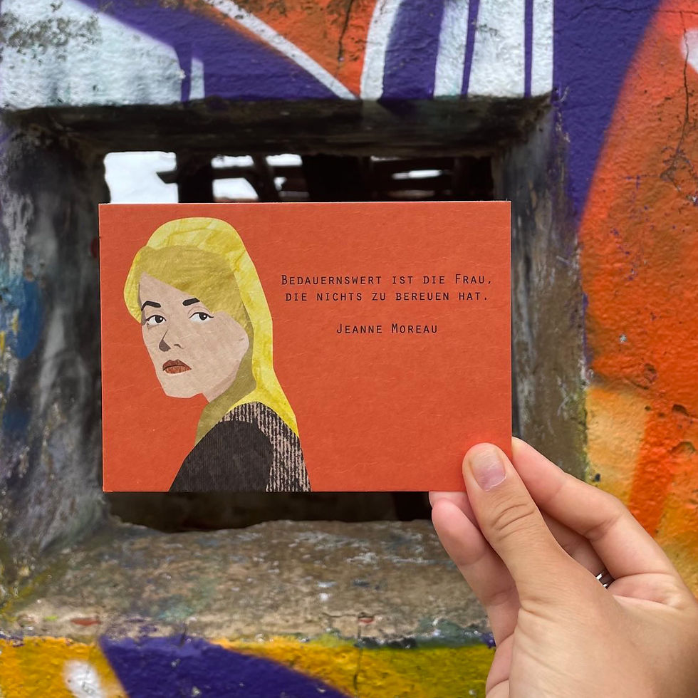 Postkarte mit der Schauspielerin Jeanne Moreau und Zitat