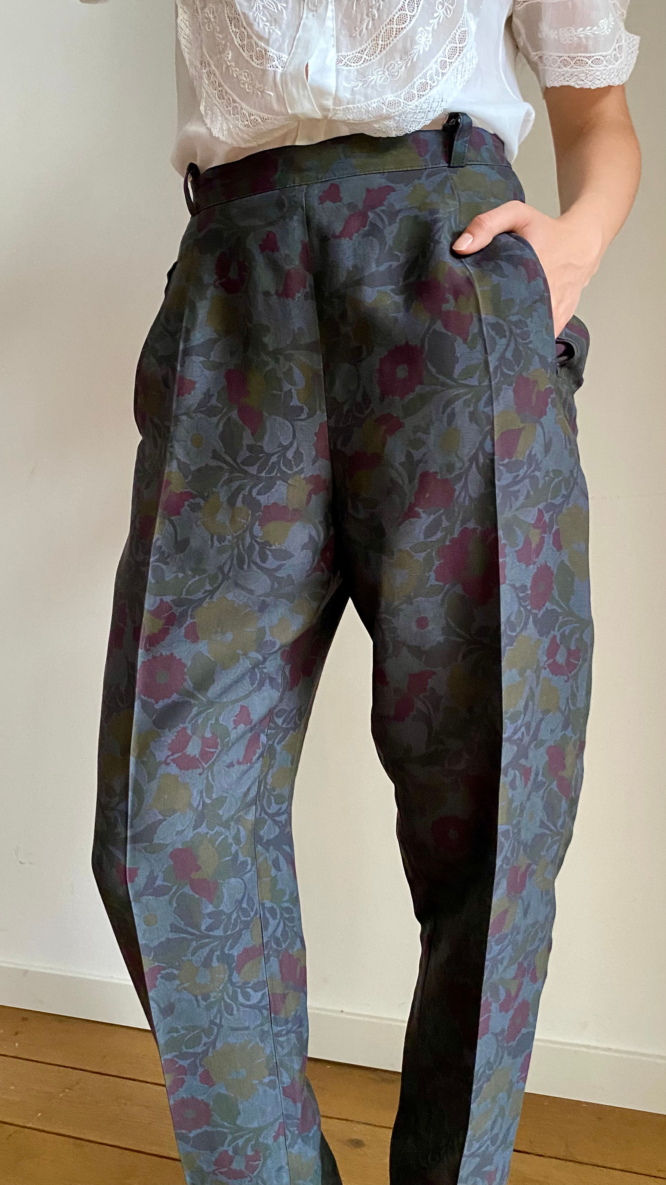80s Silk Blend Floral Pants