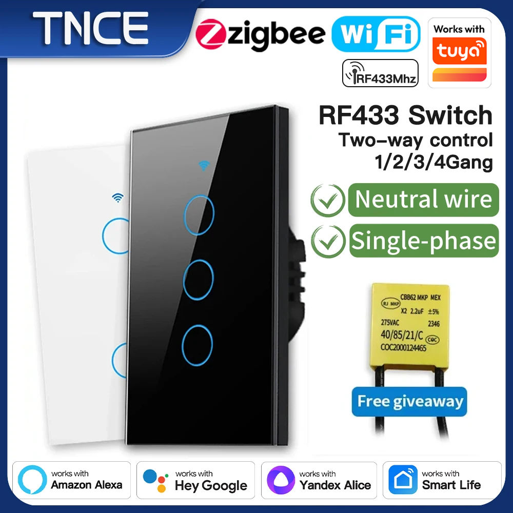 TNCE Tuya US Switch wifi zigbee, 1/2/3/4 gang, No-Neutral/Wire LED light control