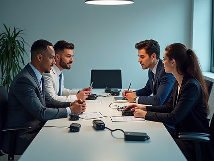 A-diverse-group-of-professionals-collaborating-around-a-table-with-radios-and-communicatio