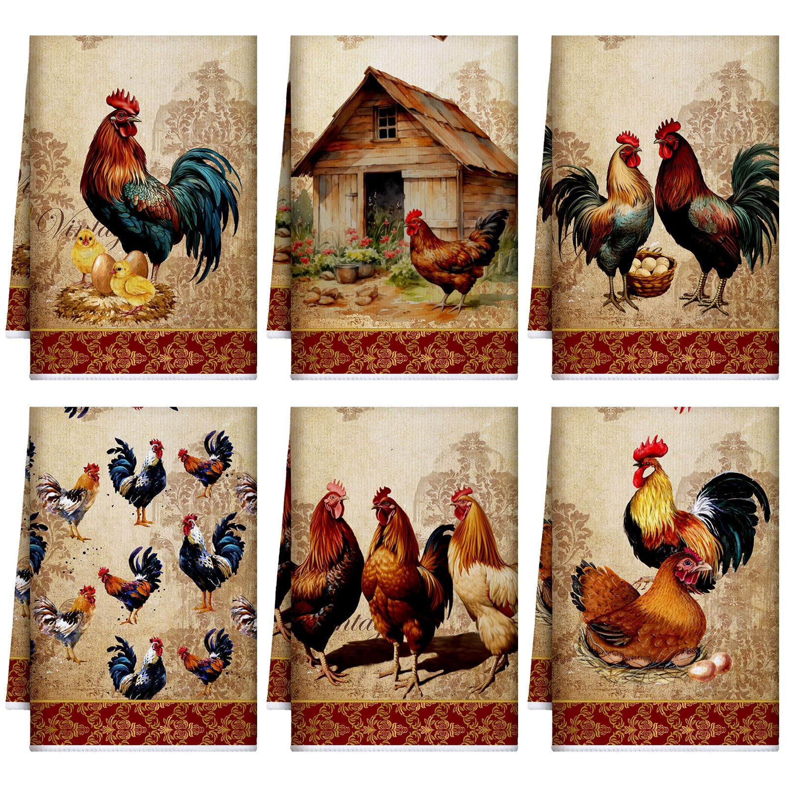 Bencailor 6 Pcs Farmhouse Kitchen Towels Chicken Dish Towels Rooster Kitchen Dec