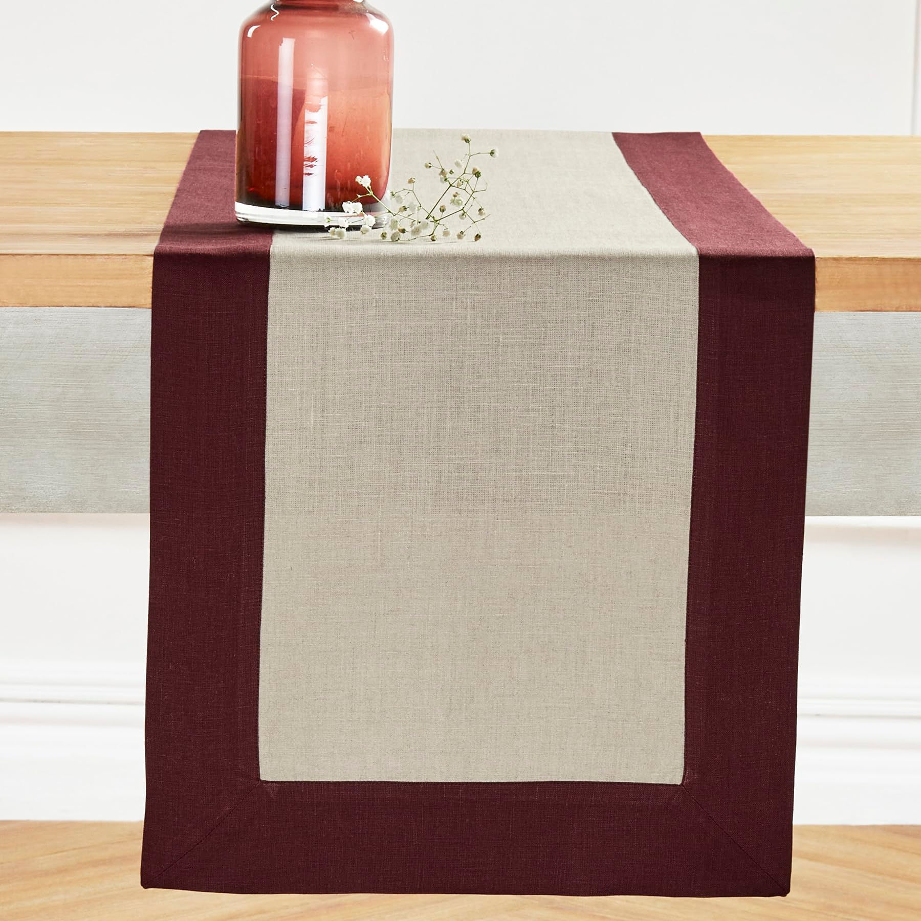 Solino Home Linen Table Runner 48 inch – 100% Pure Linen Burgundy and Natural Ta