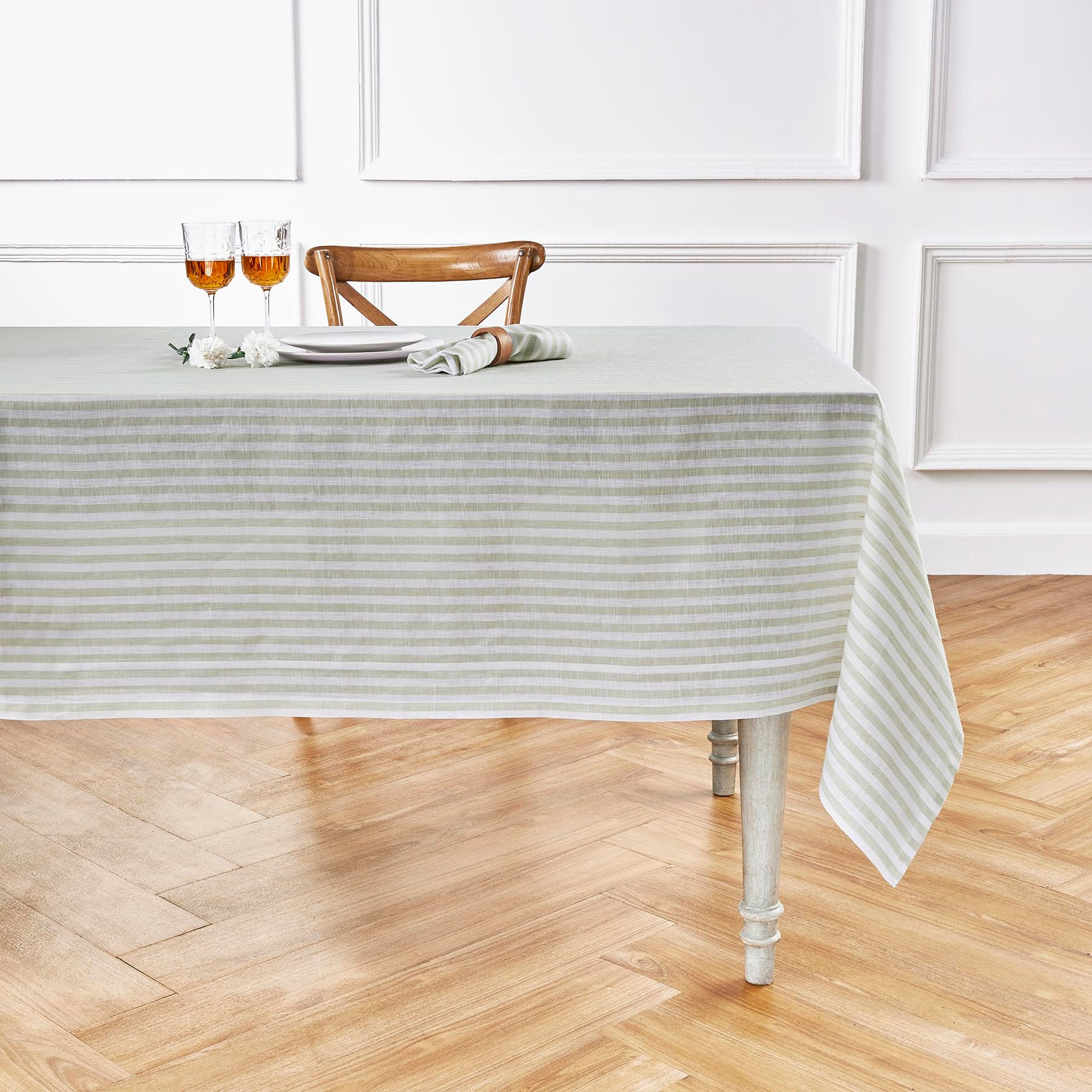Solino Home Stripe Linen Tablecloth 90" L x 60" W Inch – 100% Pure Linen Sage an