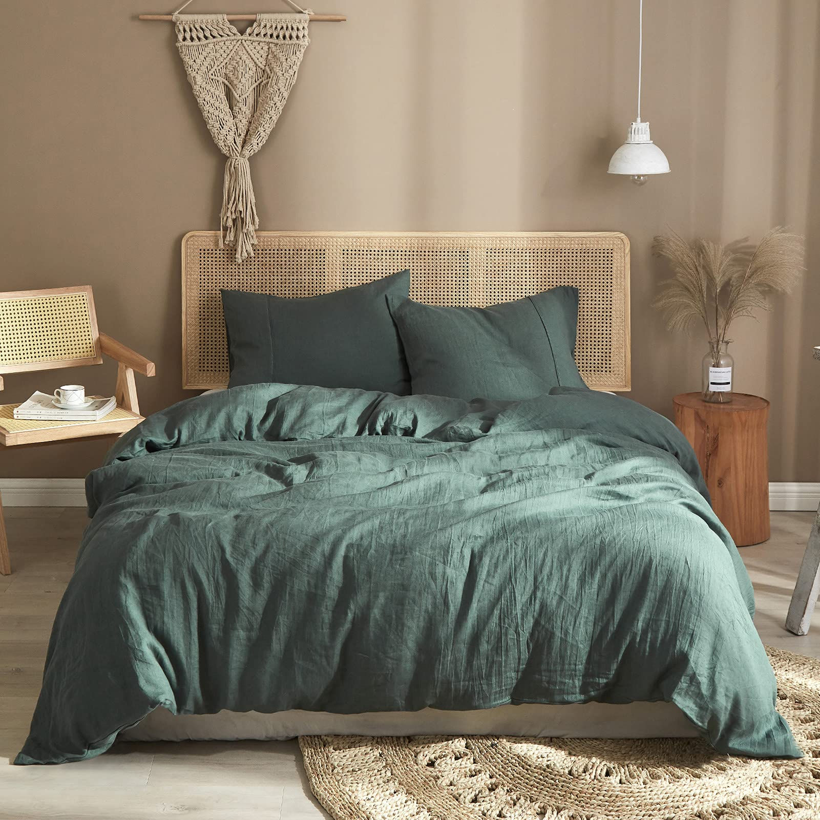 Ivellow Green Linen Duvet Cover Queen 100% Pure Washed French Flax Linen Duvet C