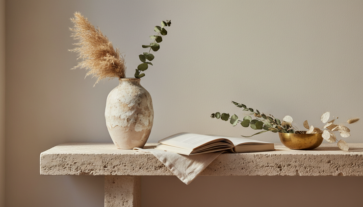 Close-up view of a textured ceramic vase on a stone console table with soft neutral accents.