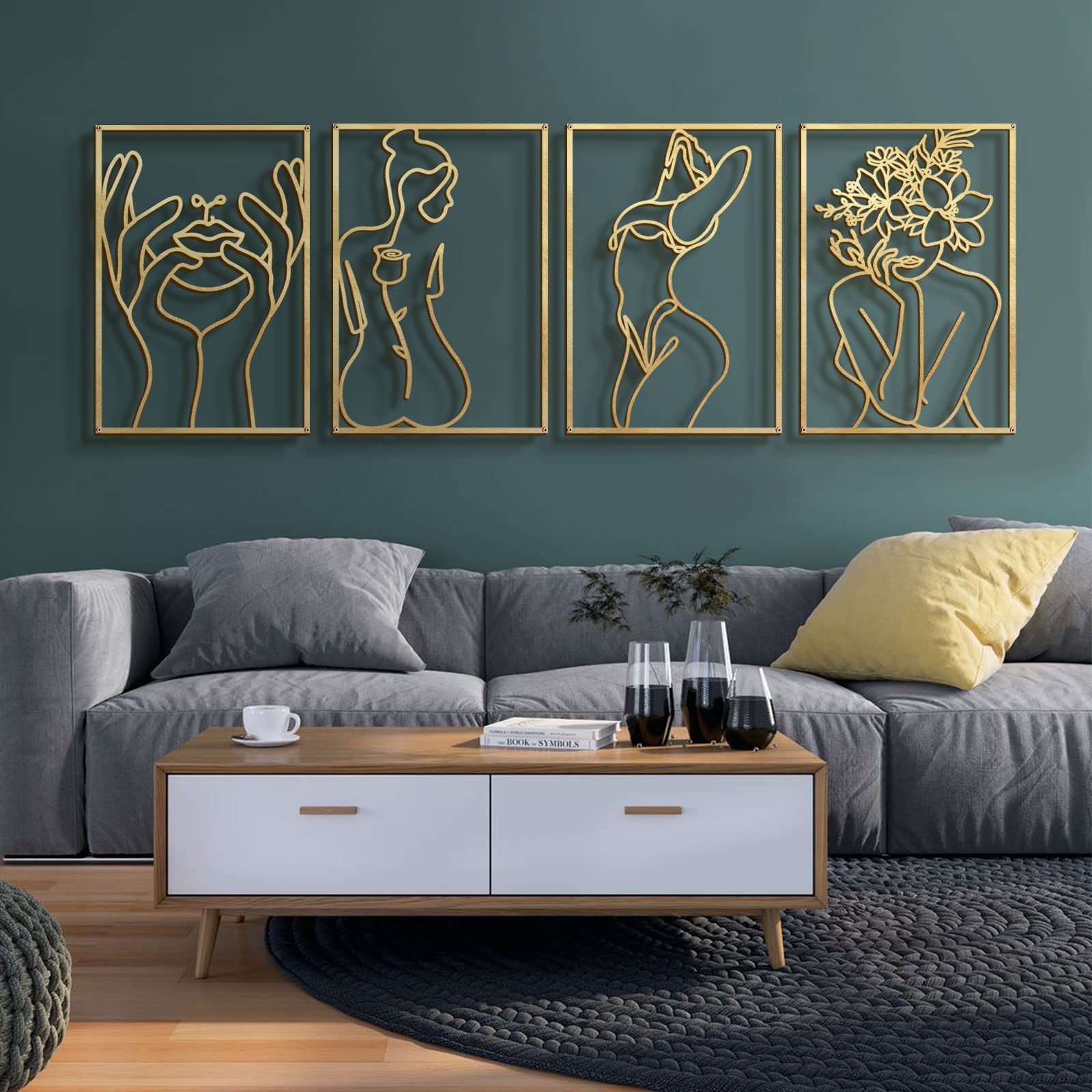 Glamativity 4 Pack Gold Wall Art Décor Minimalist Décor Single Line Art Wall Déc
