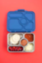 Lunch box with a DIY Pizza lunch including pepperoni, cheese, sauce, and raspberries.