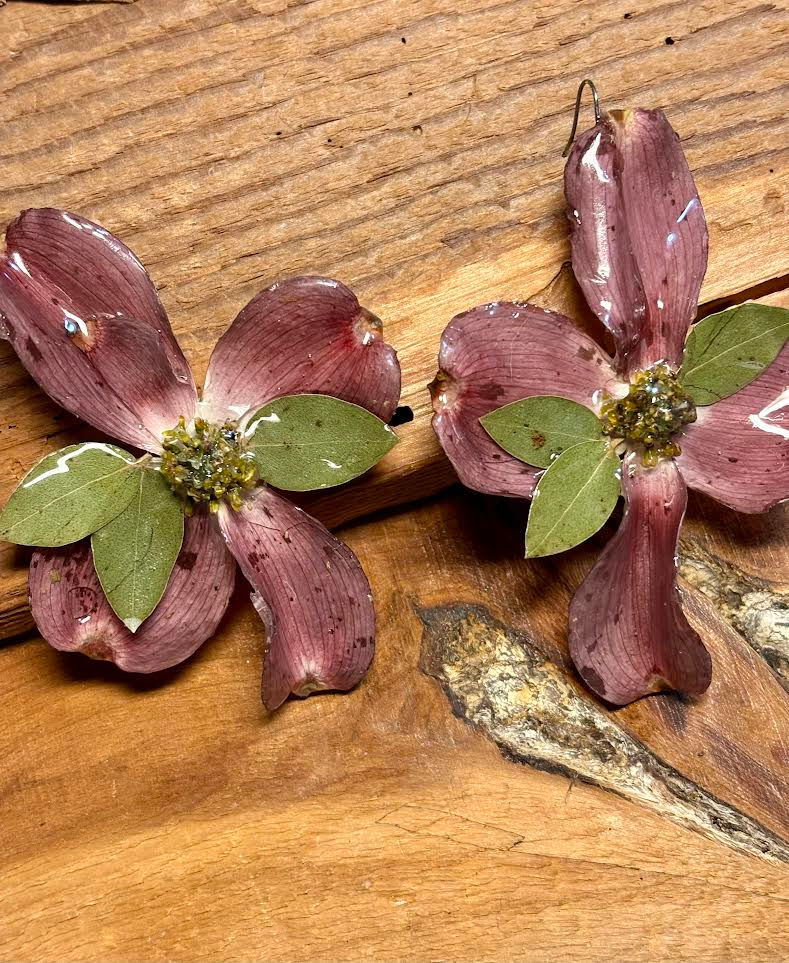 Rose Colored Dogwood Flowers in Resin Earrings