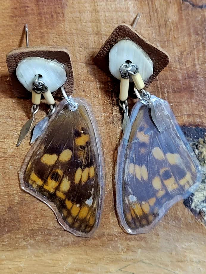 Butterfly Wing Earrings set in Resin with Deer Antler