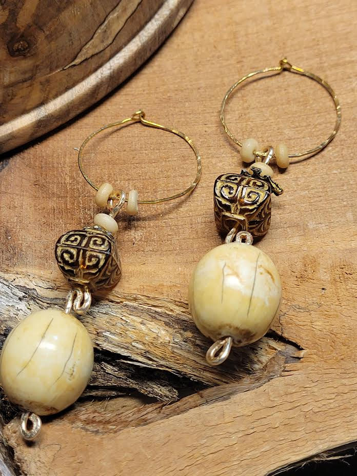 Repurposed Cream Wooden Beads on Hammered Gold Toned Hoops