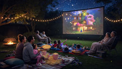 Family loves backyard movie night