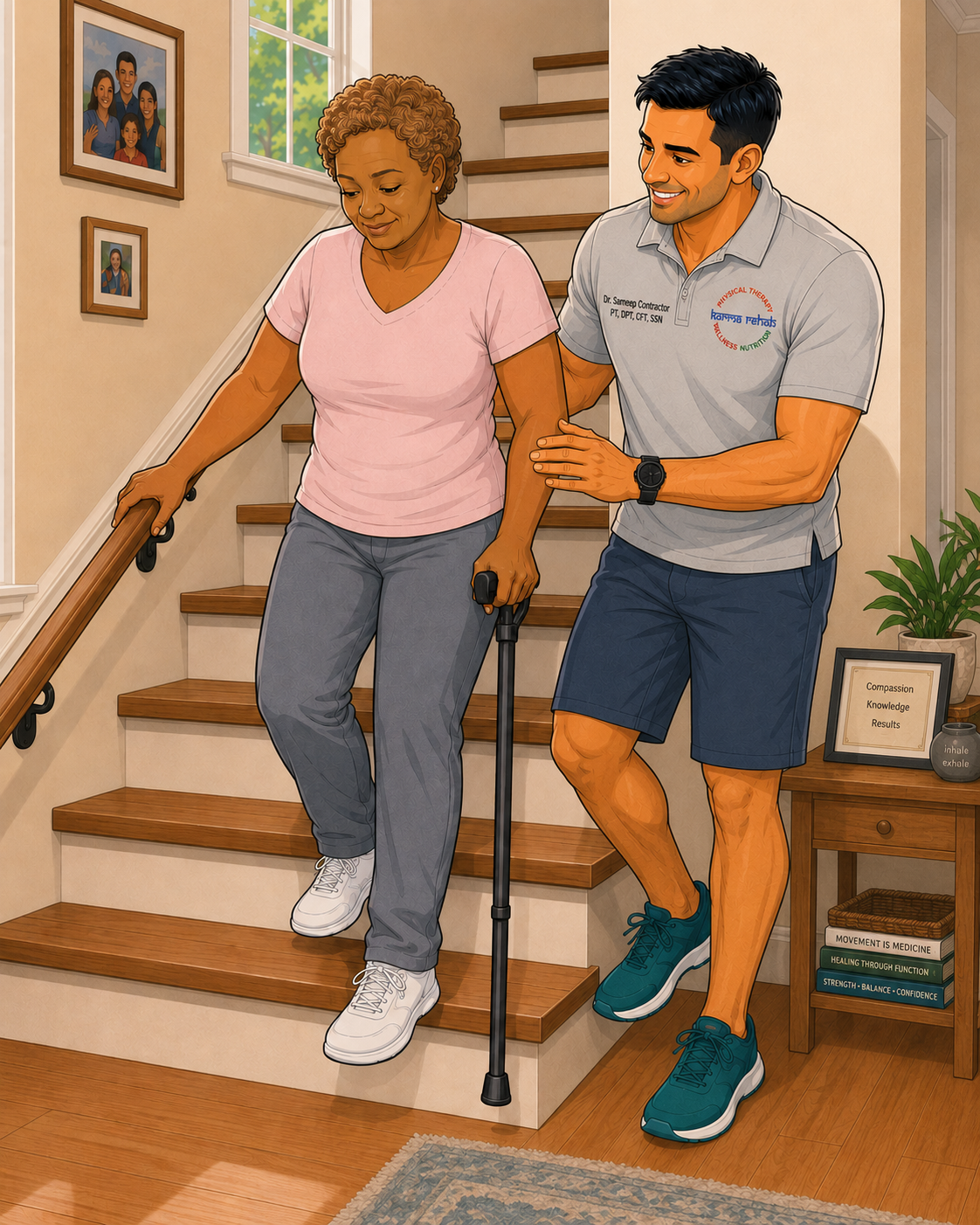 A professional mobile physical therapist assisting an older adult walking steadily with a cane and gait belt in a bright home setting.