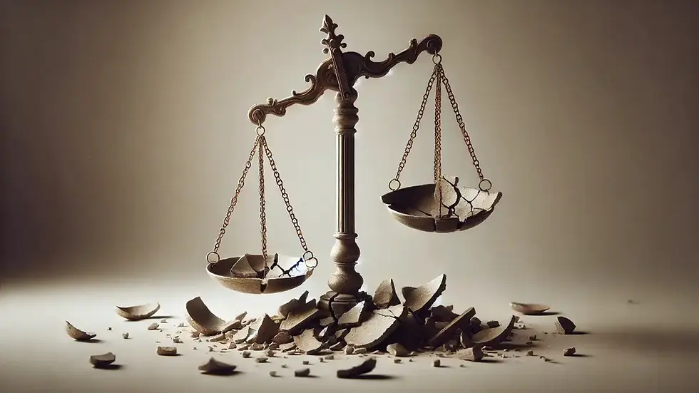 Vægtskål i ubalance – symbol på retfærdighed og uretfærdighed.