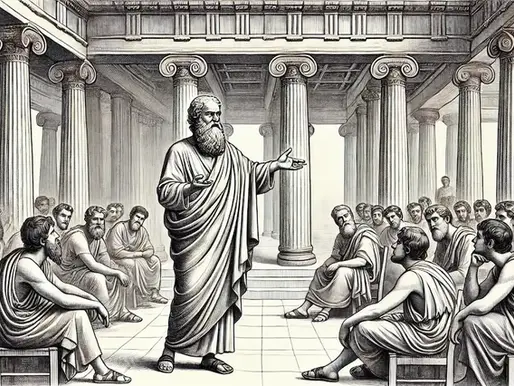 Historisk illustration i oldgræsk stil der forestiller Zenon undervise hans elever.