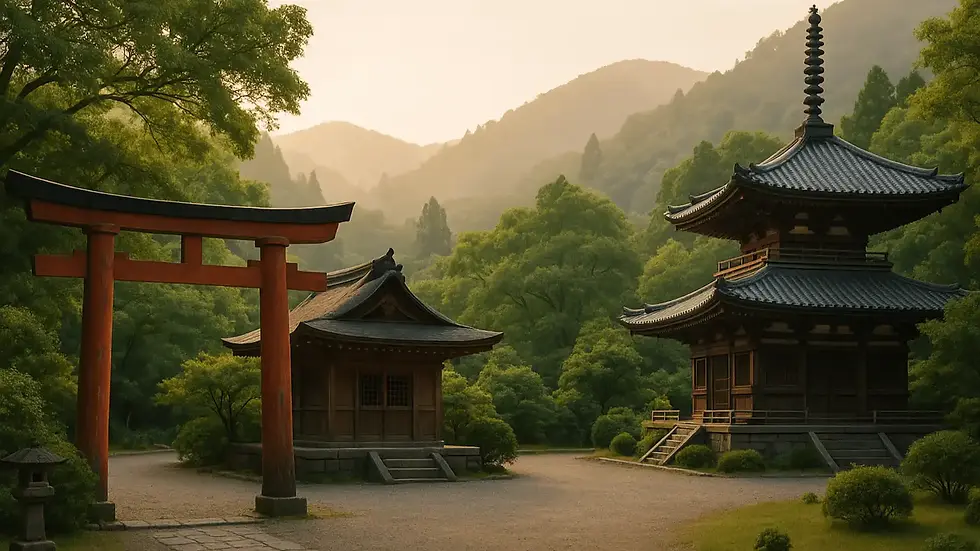 Hvad er shintoisme – detaljeret foto af japansk shinto-helligdom med rød torii-port ved siden af buddhistisk tempel i grønne bjergomgivelser, der viser fredelig sameksistens.