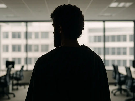 Marcus aurelius kigger ud over et tomt kontor symboliserer stoisk ledelse