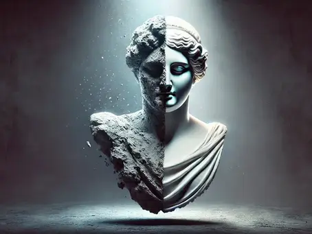 Halveret antik buste, hvor den ene side er intakt og lysende, mens den anden er forvitret og smuldrer – symbol på sandhedens skrøbelighed og perceptionens brud.