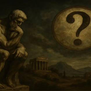 En tænksom mand sidder i klassisk græsk stil og kigger mod et stort spørgsmålstegn på himlen, omgivet af antikke ruiner og bjerge – et symbolsk billede på spørgsmålet om meningen med livet.