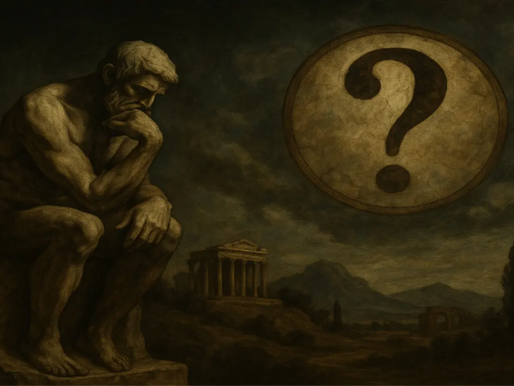 En tænksom mand sidder i klassisk græsk stil og kigger mod et stort spørgsmålstegn på himlen, omgivet af antikke ruiner og bjerge – et symbolsk billede på spørgsmålet om meningen med livet.